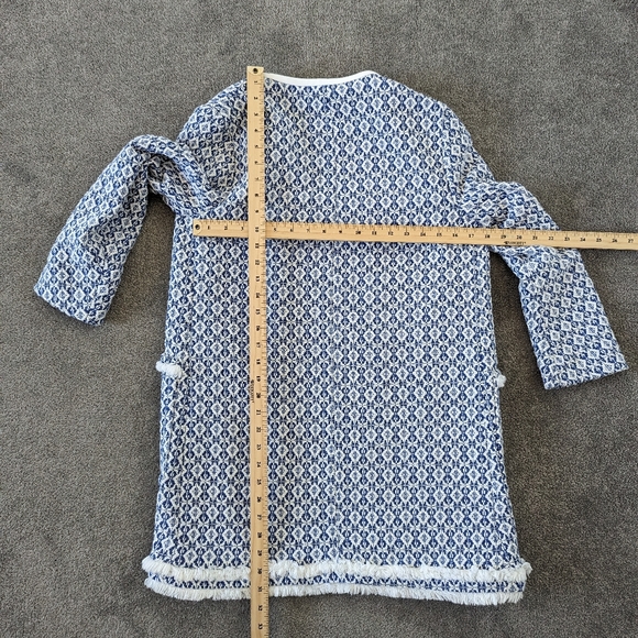 ZARA Basic Women's Size S Blue and White Patterned Coat with Fringe Detail - Picture 9 of 11